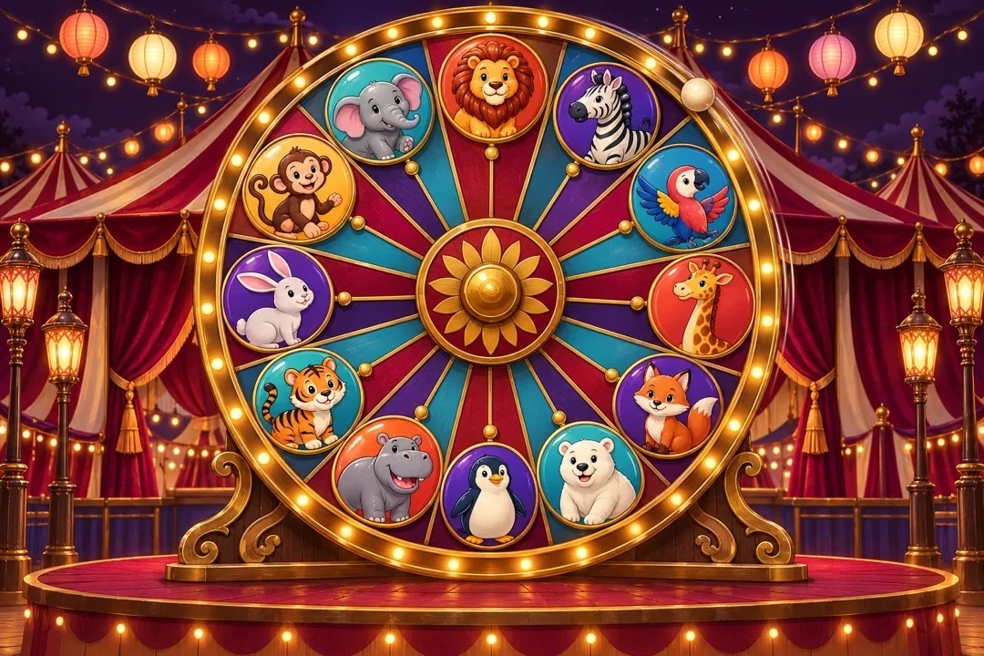 Artwork from the app: a carnival stage under striped tents with a large lit wheel of animal medallions
