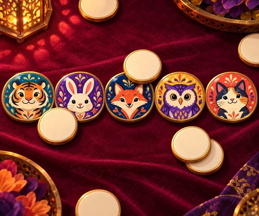 Artwork from the app: animal medallions and play chips on red velvet