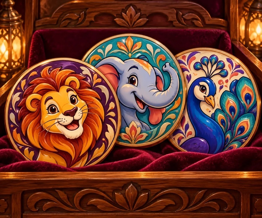 Artwork from the app: lion, elephant and peacock medallions on a velvet shelf