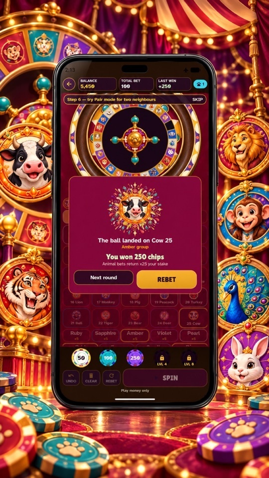 App screenshot: a result card after a spin with a Next round and a Rebet button
