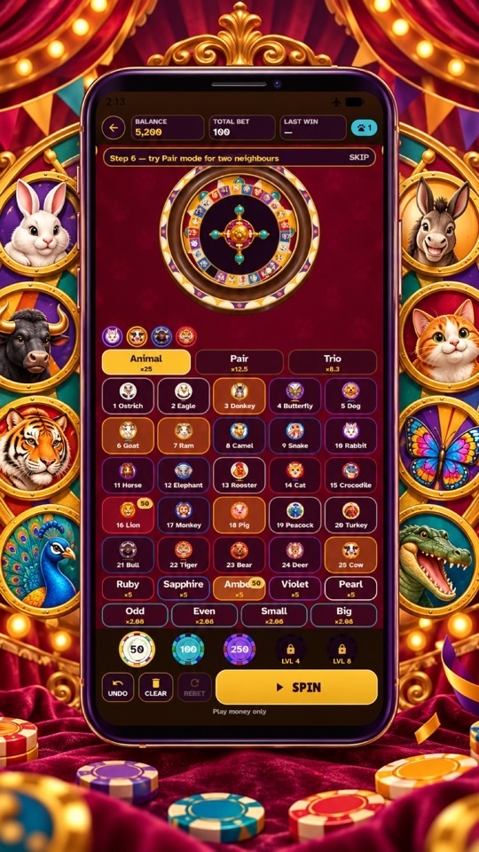 App screenshot: the animal table with the wheel, the betting board, chips and the Spin button