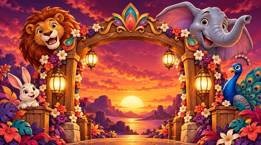 Artwork from the app: a flower-covered gate at sunset with a lion, an elephant, a rabbit and a peacock beside it